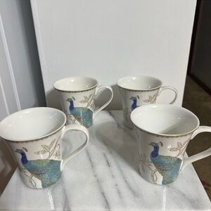 222 Fifth Peacock Garden Design Mugs w/Gold Scroll Design - 12 oz